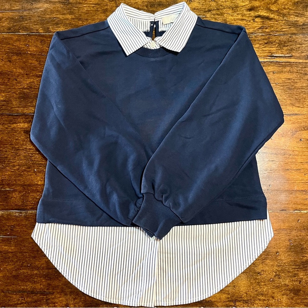 Loft Mixed Media Sweatshirt Women XS Petite Navy Striped Layered Preppy Classic - Picture 2 of 12